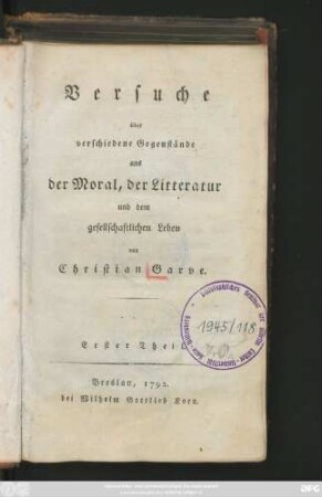 Theil 1: Versuche über verschiedene Gegenstände aus der Moral, der Litteratur und dem gesellschaftlichen Leben