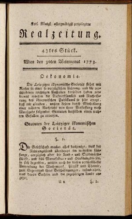43tes Stück. Wien den 30ten Weinmonat 1773.