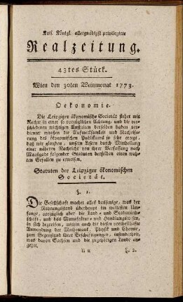 43tes Stück. Wien den 30ten Weinmonat 1773.