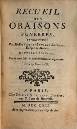 Recueil des Oraisons funebres
