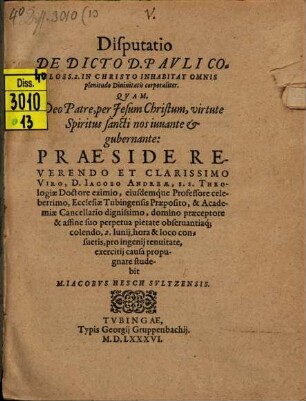 Disp. de dicto D. Pauli Coloss. 2: In Christo inhabitat omnis plenitudo divinitatis corporaliter