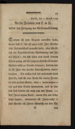 Berlin, den 5. August 1779. An die Fräulein von L. in U. Über den Fortgang der Geistesaufklärung