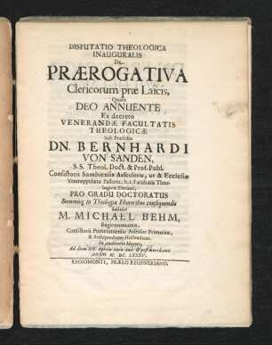 Disputatio Theologica Inauguralis De Praerogativa Clericorum prae Laicis