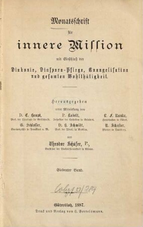 Monatsschrift für innere Mission mit Einschluß der Diakonie, Diasporapflege, Evangelisation und gesamten Wohltätigkeit. 7. 1887