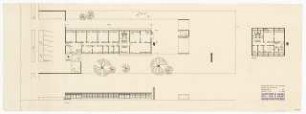 Forschungsinstitut für Holzwerkstoffe, Karlsruhe: Vorentwurf 2. Grundrisse Erdgeschoss, Kellergeschoss, Ansicht Süden 1:200
