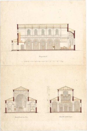 Bühlmann, Josef; Wohlhausen; Pfarrkirche - Längsschnitt; Chor u. Empore (Querschnitt)