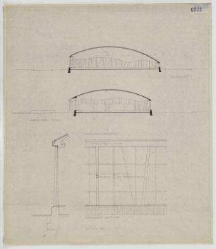 Offener Bauwettbewerb "Berlin-Pavillon", Hansaviertel Berlin, Intenationale Bauausstellung 1957 (nicht realisiert), 2. Preis – Längsschnitt, Querschnitt, Details: Schnitte. Berlin-Tiergarten, 17. Juni/Klopstockstraße