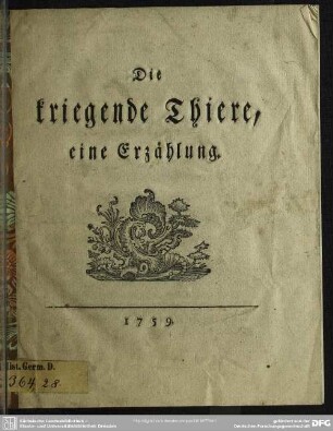 Die kriegende Thiere : eine Erzählung