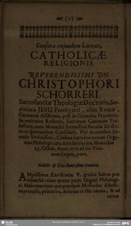 Censura cujusdam Literati, Catholicae Religionis