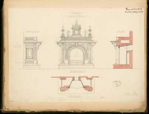 Kamin Monatskonkurrenz September 1877: Grundriss, Aufriss Vorderansicht, Seitenansicht, Vertikalschnitt; Maßstabsleiste