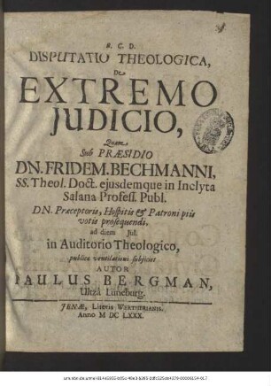 Disputatio Theologica, De Extremo Iudicio