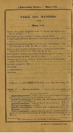 Table des matières. Mars 1881.