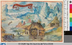 Wassermühle in einer Berglandschaft