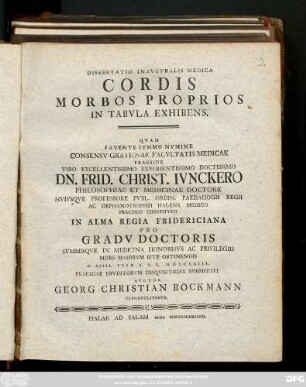 Dissertatio Inavgvralis Medica Cordis Morbos Proprios In Tabvla Exhibens