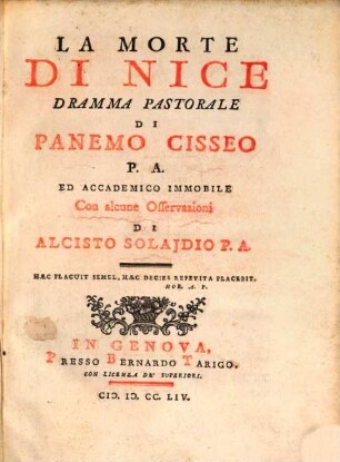 La Morte di Nice : dramma pastorale
