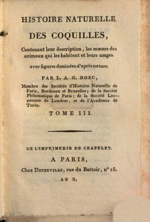Histoire naturelle des coquilles : contenant leur description, les moeurs des animaux qui les habitent et leurs usages ; avec figures dessinées d'après nature, 3