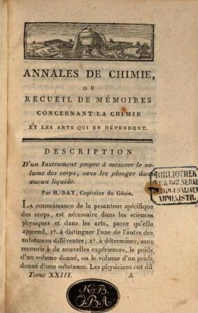 Annales de chimie ou recueil de mémoires concernant la chimie et les arts qui en dépendent et spécialement la pharmacie. 23. 1797