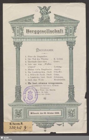 Berggesellschaft - Programm : Mittwoch, den 30. Oktober 1889