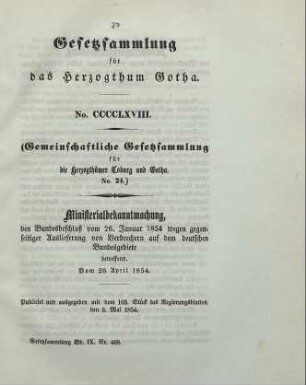 468. Ministerialbekanntmachung, den Bundesbeschluß vom 26. Januar 1854 wegen gegenseitiger Auslieferung von Verbrechern auf dem deutschen Bundesgebiete betreffend. Vom 20.April 1854.