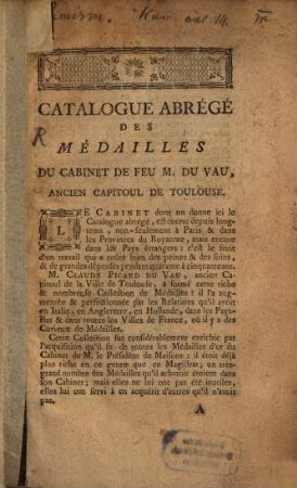 Catalogue abrégé des medailles du Cabinet de feu DuVau