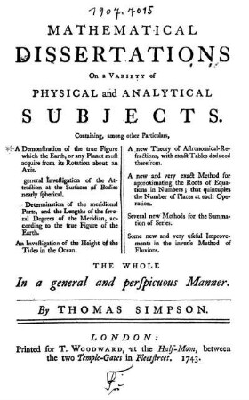 Mathematical dissertations on a variety of physical and analytical subjects