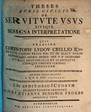 Theses Iuris Civilis De Servitute Usus Eiusque Benigna Interpretatione