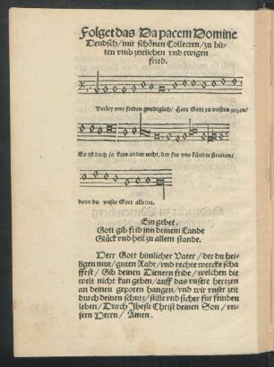 Folget das Da pacem Domine Deudsch/ mit schönen Collecten/ zu bitten umb zeitlichen und ewigen fried.