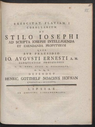 Exercitat. Flavian. I Corollarivm De Stilo Iosephi Ad Scripta Iosephi Intelligenda Et Emendanda Profvtvrvm