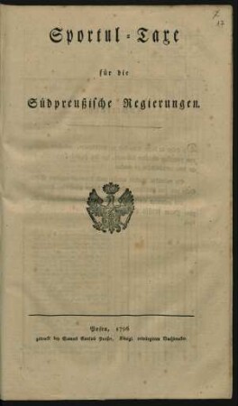 Sportul-Taxe für die Südpreußische Regierungen