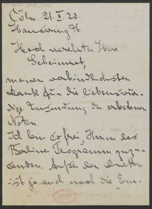 Brief an Ludwig Strecker  und B. Schott's Söhne : 21.02.1920