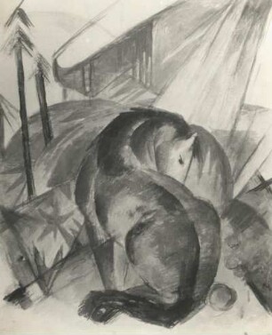 Marc, Franz. Komposition mit sitzendem Pferd in Landschaft. Aquarell. 1912/1913