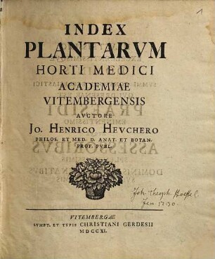 Index Plantarvm Horti Medici Academiae Vitembergensis