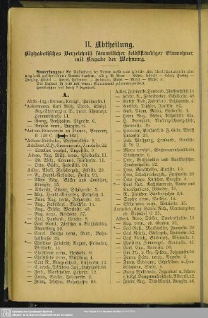 II. Abtheilung. Einwohnerverzeichnis : II. Abtheilung. Alphabetisches Verzeichniß sämmtlicher selbständiger Einwohner mit Angabe der Wohnung