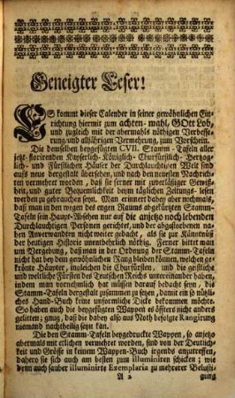 Der durchlauchtigen Welt ... neu vermehrter und verbesserter Geschichts-, Geschlechts- und Wappen-Calender : auf d. Jahr .... 1730, 1730