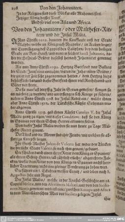 Von den Johannitern, oder Maltheser-Ritetrn, und in der Insul Malta