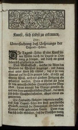 Kunst, sich selbst zu erkennen, Oder: Untersuchung deß Ursprungs der Tugend-Lehre.