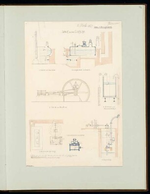 Dampfpumpe Monatskonkurrenz Dezember 1867: Grundriss, Aufriss Seitenansicht, mehrere Querschnitte und Details; 3 Maßstabsleisten