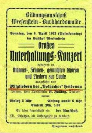 Konzerteinladung und -programm des Bildungsausschusses Weesenstein-Burkhardswalde