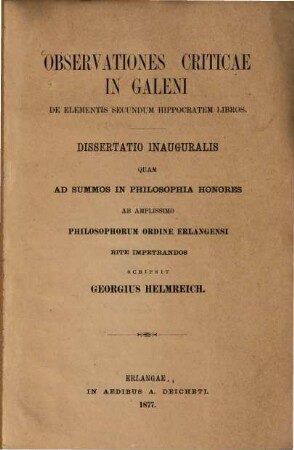 Observationes criticae in Galeni de elementis secundum Hippocratem libros
