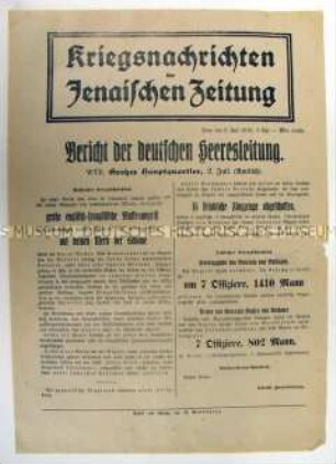 Nachrichtenblatt der "Jenaischen Zeitung" mit Meldungen von verschiedenen Kriegsschauplätzen