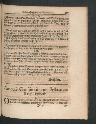 Articuli Constitutionum Bellicarum Regni Polonici.