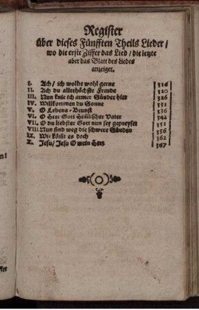 Register über dieses Fünften Theils Lieder/ wo die erste Ziffer das Lied/ die letzte aber das Blatt des Liedes anzeiget