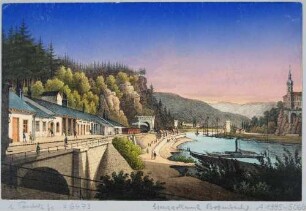 Eisenbahn am Grenzzollamt in Bodenbach (heute Podmokly), gegenüber das Schloss in Tetschen (heute Děčín) und die Kaiserin-Elisabeth-Brücke (Kettenbrücke, 1855 gebaut) über die Elbe, links der Eisenbahntunnel durch die Schäferwand