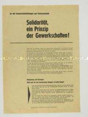 Propagandaflugblatt des FDGB-Kreisvorstandes mit einem Aufruf zur Unterstützung der streikenden französischen Bergarbeiter