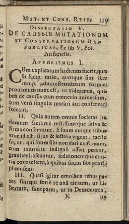 Dissertatio V. De Caussis Mutationum Et Conservationum Reipublicae [...]