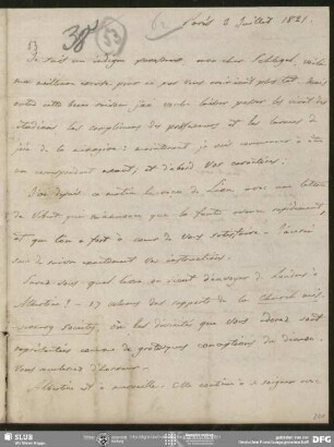 Eigenh. Brief von Auguste Louis de Staël-Holstein an August Wilhelm von Schlegel, Paris, 03.07.1821