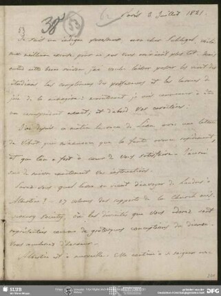 Eigenh. Brief von Auguste Louis de Staël-Holstein an August Wilhelm von Schlegel, Paris, 03.07.1821