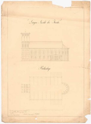 Kirche: Seitenansicht, Grundriss der Balkenlage, Maßstabsleiste