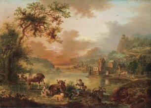 Flußlandschaft mit rastendem Hirten und Herde