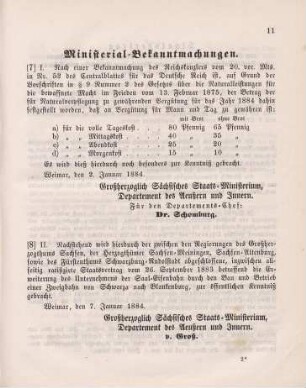 7. Ministerial-Bekanntmachung, die Vergütungssätze für Natural-Verpflegung der bewaffneten Macht im Frieden im Jahre 1884 betreffend